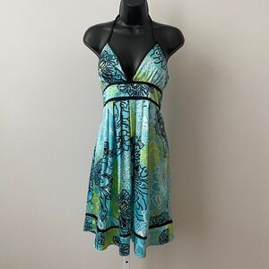 iZ Byer California Y2K Babydoll Tropical Halter Empire Waist Dress 13 Blue